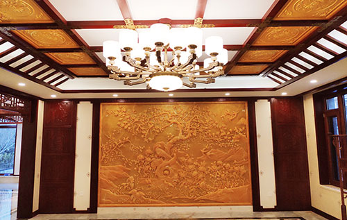 古塔中式别墅客厅中式木作横梁吊顶装饰展示